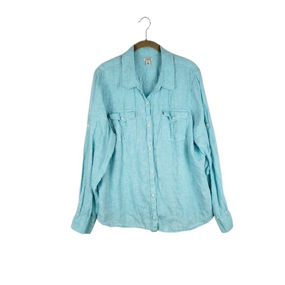 LL Bean Linen Button Up Shirt Long Sleeve Aqua 100% Linen Womens Size XL - Picture 1 of 9